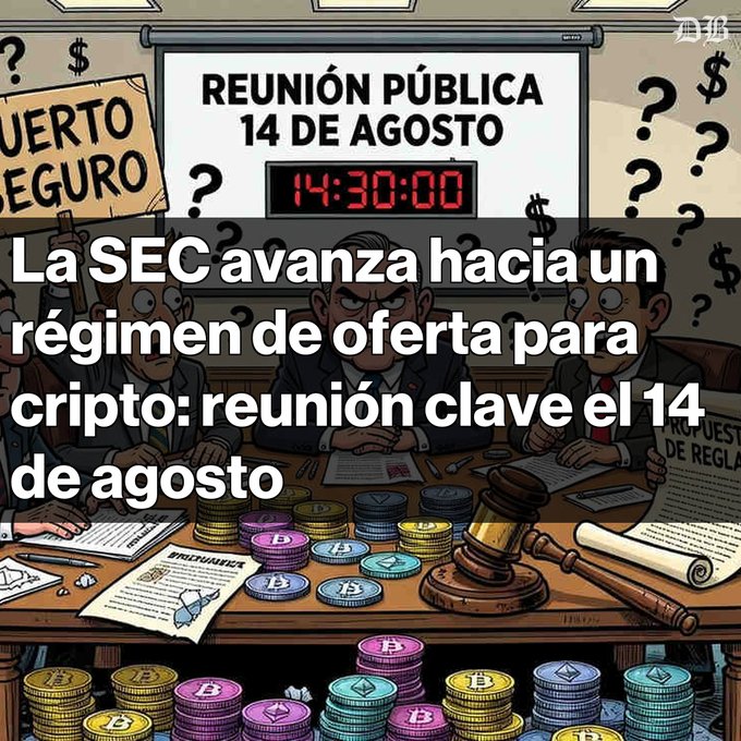 A cartoon illustration with Spanish text reading "REUNIÓN PÚBLICA 14 DE AGOSTO" showing officials at a table covered in cryptocurrency coins, with overlay text "La SEC avanza hacia un régimen de oferta para cripto: reunión clave el 14 de agosto".