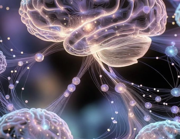 A 3D rendered illustration of a glowing purple and pink brain with neural connections extending outward to smaller spheres, representing neural networks or brain activity.