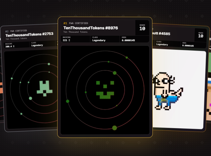 Digital NFT cards displayed on screen titled 'TenThousandTokens' with '#8976', '#2753', and '#4585', all labeled 'FMA CERTIFIED' and 'Legendary' class.
