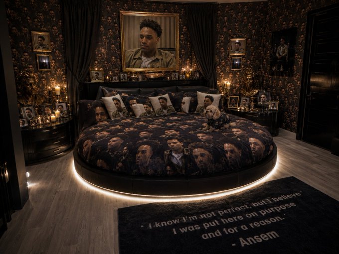 An elaborate bedroom dedicated to the late rapper, featuring wallpaper, pillows, and bedding all covered in his portraits, with an Ansem quote on the rug: 'I know I'm not perfect, but I believe I was put here on purpose and for a reason - Ansem'.