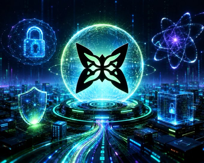 Futuristic digital illustration featuring a glowing butterfly logo centered within a sphere, flanked by a holographic padlock, atomic model, and shield above a neon-lit cityscape.