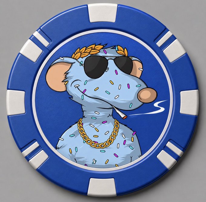 A blue casino-style poker chip featuring a cartoon illustration of a rat wearing sunglasses, a gold chain, and a laurel wreath, with sprinkles decorating its fur.