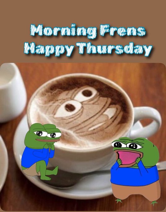A meme image featuring latte art that resembles a crying face, accompanied by two Pepe the Frog characters with the text 'Morning tears happy Thursday.'
