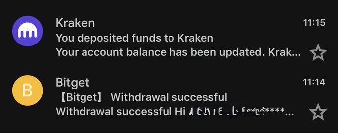 A mobile phone notification screen with two alerts: a purple Kraken notification at 11:15 stating "You deposited funds to Kraken," and a yellow Bitget notification at 11:14 stating "Withdrawal successful," with personal details partially redacted.