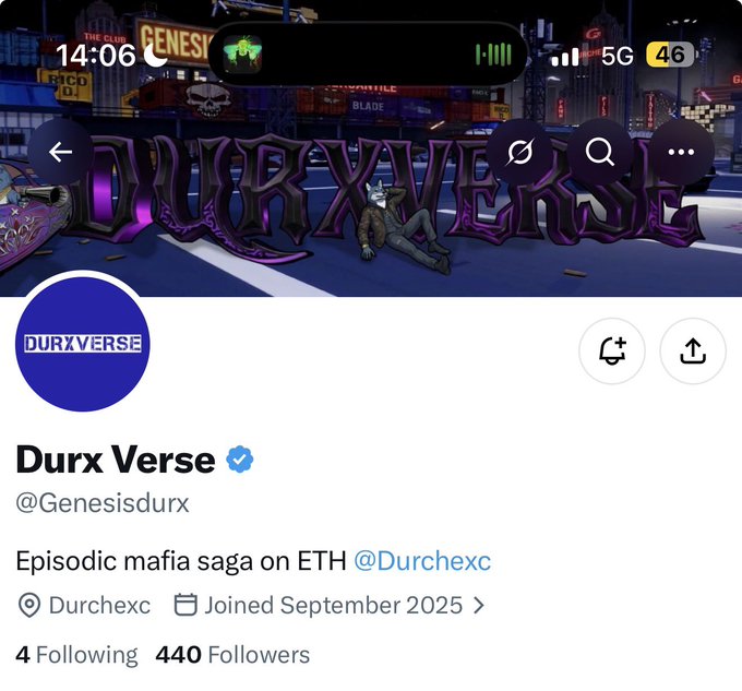 A screenshot of the verified Twitter/X profile "Durx Verse" (@Genesisdurx) featuring 440 followers and a "DURXVERSE" logo banner, promoting an "Episodic mafia saga on ETH" with 4 Following and a join date of September 2025. The image aligns with the post's callout of @Genesisdurx as the founder account for DURCHEX's "Durxverse" NFT collection extension, which includes the Luna and Reynard collections on an upcoming multichain marketplace/launchpad.