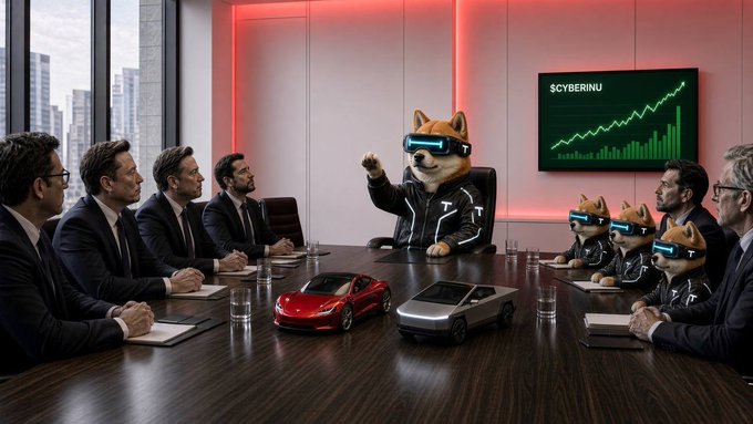 A surreal AI-generated image of a corporate boardroom meeting where a Shiba Inu dog wearing a futuristic visor, labeled '$CYBERINU' on a rising stock chart, leads humans in suits alongside miniature cyber-dogs and sports cars.