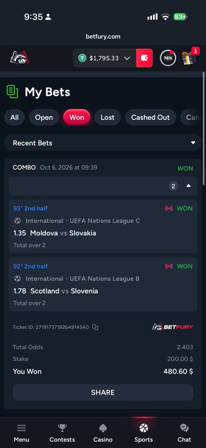 A Betfury mobile screenshot displays a winning "COMBO" bet slip on betfury.com showing a $200 stake with 2.403 odds that won $480.60, featuring two successful totals over 2 predictions: Moldova vs Slovakia and Scotland vs Slovenia in UEFA Nations League matches. The image directly supports the post's $480 cashout claim and promotes the Betfury betting platform with the referral link betfury.bet/d4ujdxdyy.