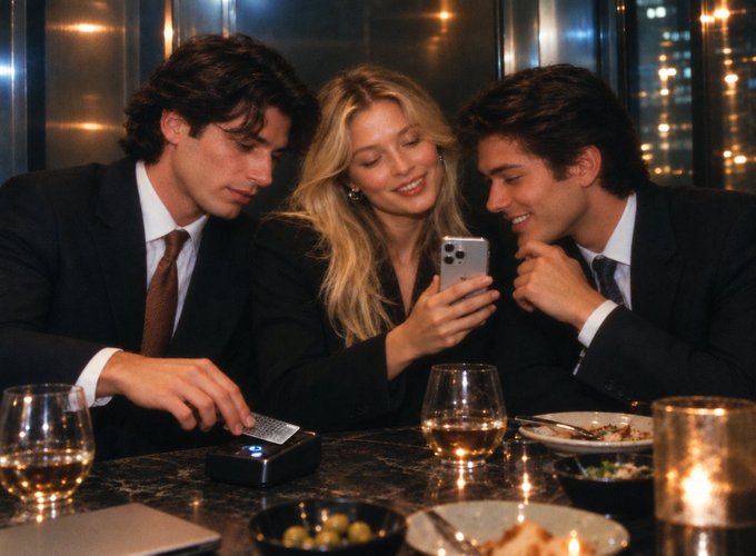 Three people in formal business attire sitting at a restaurant table looking at a smartphone, with wine glasses, plates, and a city skyline visible through the windows.