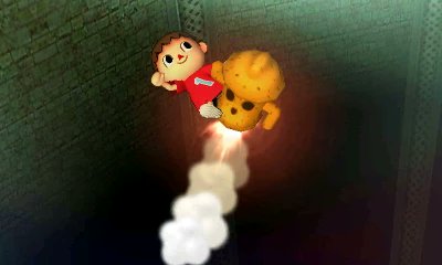A 3D rendered scene showing a small cartoon character in a red shirt holding a giant chocolate chip cookie while floating or falling through a brick corridor with flames and smoke below.