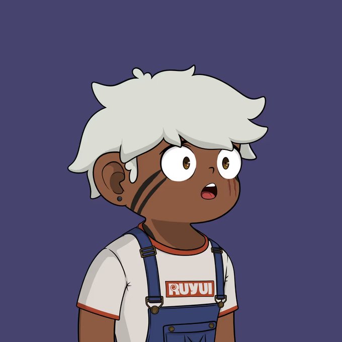 A cartoon character with dark skin, white hair, and face markings, wearing a white t-shirt with 'RUYU' printed on it and blue overalls against a purple background.