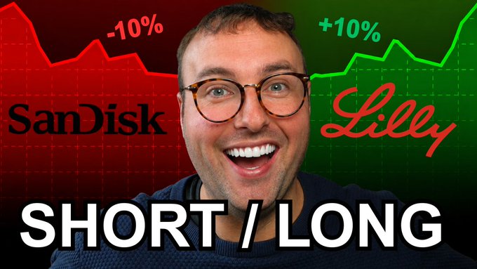 A man smiles enthusiastically in the center of a graphic showing a red downward chart labeled "SanDisk" with "-10%" and a green upward chart labeled "Lilly" with "+10%," with the bold text "SHORT / LONG" below, illustrating the post's successful earnings season trades of shorting $SNDK and longing $LLY.