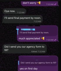 A chat conversation discussing payment timelines and an agency form to fill, with messages like 'I'll send final payment by noon' and 'Did I send you our agency form to fill?'.