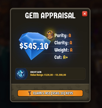 A 'GEM APPRAISAL' pop-up window from a game showing a blue gem valued at $545.10 with an A grade in Purity, Clarity, and Weight, and an A+ in Cut, with a 'CLAIM 5,451 ($545.10) KEYS' button.