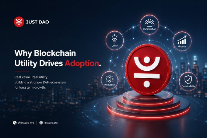 Another "JUST DAO" banner titled "Why Blockchain Utility Drives Adoption" shows a central red logo connected to five icons (Participation, Utility, Growth, Sustainability, Innovation) with "justdao.org" at the bottom.