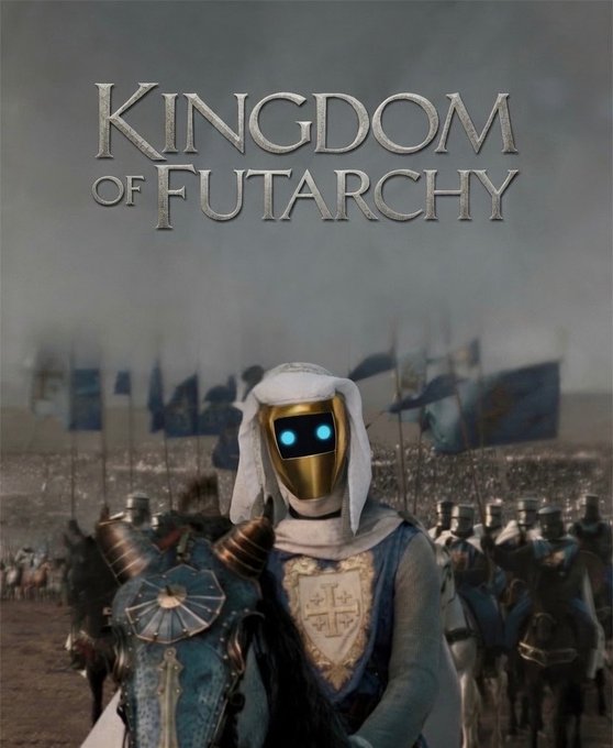 A movie-poster style image titled 'KINGDOM OF FUTARCHY' featuring a knight in a white hood with glowing blue eyes.