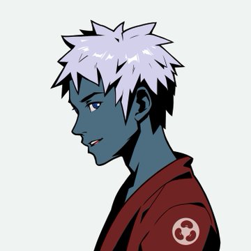 An anime-style profile illustration shows a blue-skinned character with spiky white hair wearing a red kimono-style garment featuring the Azuki bean logo emblem on the sleeve. The image relates to the post as it appears to be custom artwork created to welcome "OJ" as an OG community member joining the Azuki NFT collection, with the character representing the Azuki brand identity.