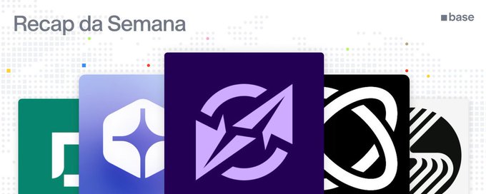 A 'Recap da Semana' (Weekly Recap) graphic by Base, featuring a row of cryptocurrency and brand logos including what appears to be Coinbase, Polygon, and other tech icons on a pixelated background.