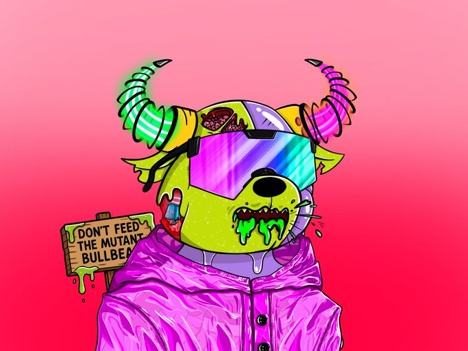 The image features a cartoon bear wearing a pink jacket, with green horns and goggles that give him a unique appearance. The bear has a sign attached to his back that says "Don't feed the Mutant Bull!". This suggests that the bear might be an animated character or a digital illustration, possibly created for a website or social media post related to the concept of the Mutant Monday Legends comic series.

The image also includes text in the caption below it, which reads: "Happy Mutant Monday Legends!!! Tellem me again!! WHO GOT THE GOO????!!! GN web3." This phrase is likely a reference to the comic series and its creator, who has been described as a "Happy Mutant Monday Legend" by fans.