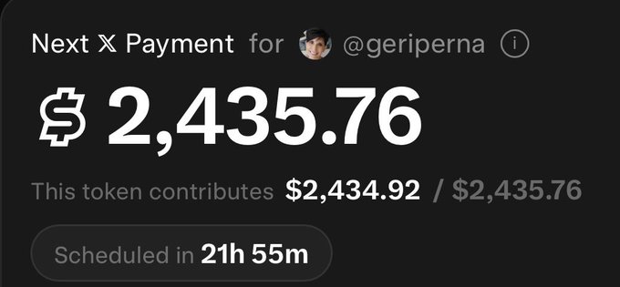 A payment notification screen showing 'Next X Payment for @geriperna' with an amount of $2,435.76, scheduled in 21h 55m.