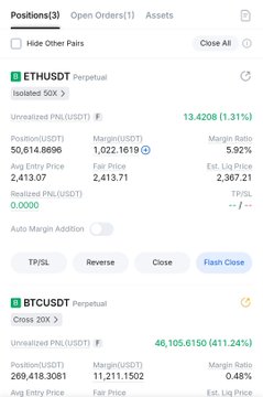 A trading app screenshot showing positions including ETHUSDT Perpetual (Isolated 50X) with an unrealized PNL of 13.4208, and BTCUSDT Perpetual (Cross 20X) with a PNL of 46,105.6150.