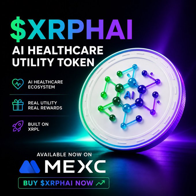 A promotional banner for $XRPHAI, an AI Healthcare Utility Token built on XRPL, featuring a 3D coin graphic and a 'BUY $XRPHAI NOW' call-to-action for MEXC exchange.