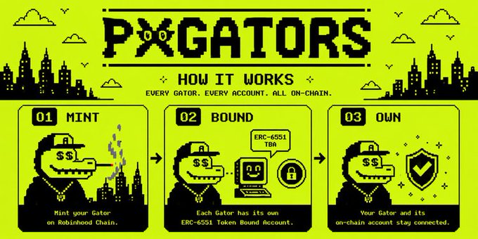 An infographic titled 'POGATORS - HOW IT WORKS' with three steps: 01 MINT (Mint your Gator on Robinhood Chain), 02 BOUND (Each Gator has its own ERC-6551 Token Bound Account), and 03 OWN (Your Gator and its on-chain account stay connected).