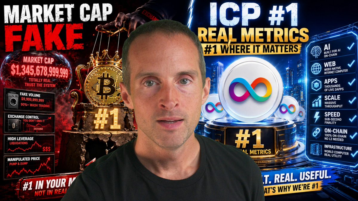 The image features a man wearing a black t-shirt, standing against a dark background with a banner that says "Crypto Market Cap Is Fake - $ICP Is #1 Where It Matters". The man appears to be looking directly at the camera while posing for the photo.