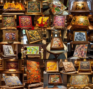 A collage showcasing numerous intricately designed decorative art panels and illuminated boxes featuring vibrant, colorful floral and figurative patterns.