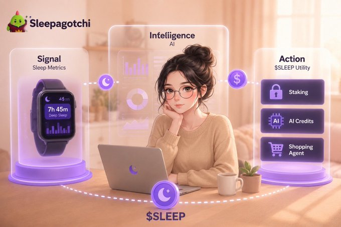 An infographic for the "Sleepagotchi" platform illustrates a workflow where Sleep Metrics ("Signal") feed into AI Intelligence, which then triggers $SLEEP Utility Actions like Staking, AI Credits, and Shopping Agent.
