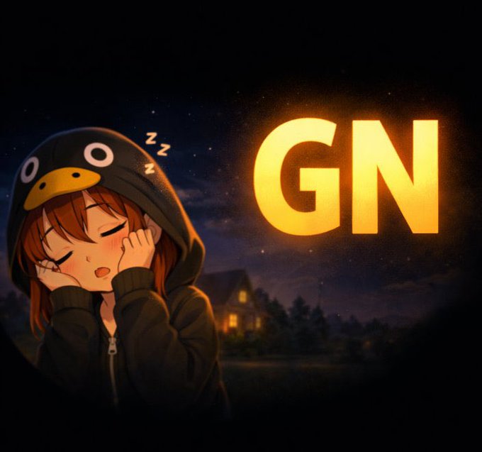 An anime-style illustration of a sleepy girl wearing a duck hoodie with "zzz" above her head, set against a starry night sky with a house in the background. The glowing letters "GN" appear on the right.