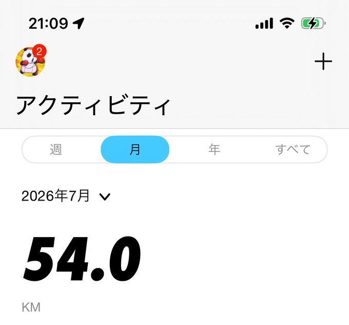An iPhone activity app screenshot in Japanese showing 54.0 km logged for July 2026 (月/month view selected).