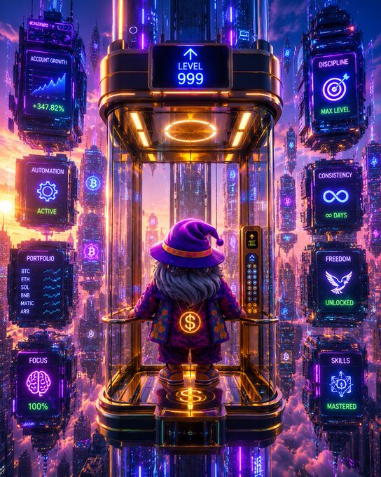 A neon cyberpunk-style illustration of a wizard character inside a glowing elevator labeled 'LEVEL 999,' surrounded by HUD panels showing stats like 'ACCOUNT GROWTH +347.82%', 'DISCIPLINE MAX LEVEL', 'AUTOMATION ACTIVE', and 'PORTFOLIO' with BTC, ETH, SOL, BNB, MATIC, ARB.