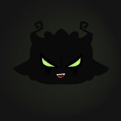 A stylized, shadowy illustration of a menacing, round dark creature with glowing green eyes, small horns, and a toothy grin against a black background.