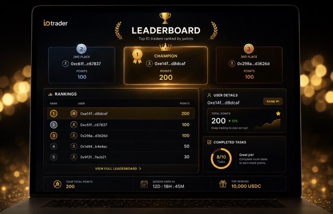 A leaderboard interface for 'ioTrader' displays the top 10 traders ranked by points, with the user '0xe14f...d8dcaf' as 'CHAMPION' holding 200 points.