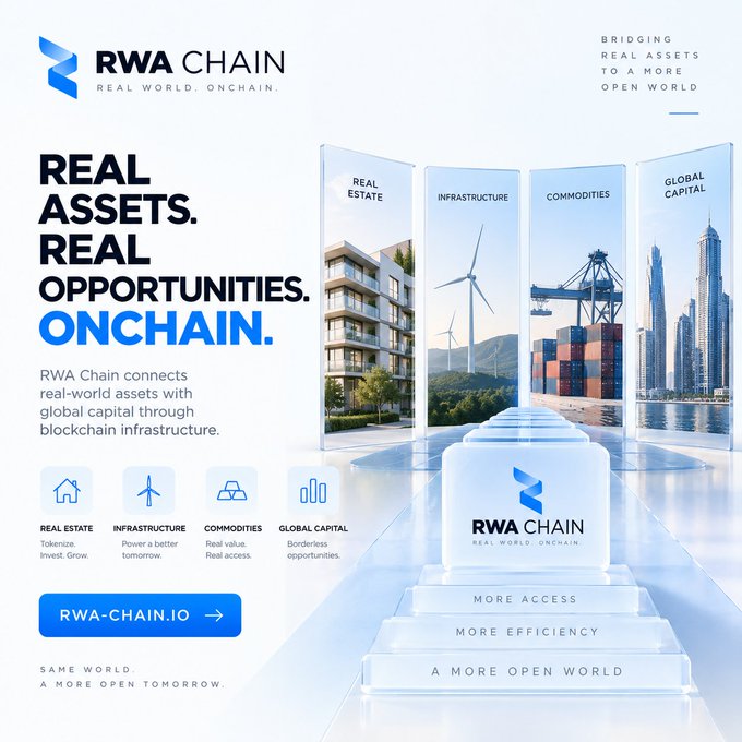 A promotional advertisement for RWA Chain with the tagline 'REAL ASSETS. REAL OPPORTUNITIES. ONCHAIN.', featuring categories of Real Estate, Infrastructure, Commodities, and Global Capital, directing users to RWA-CHAIN.IO.