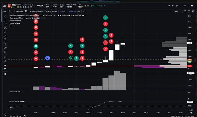 A TradingView chart of Flow The Clownzee/USD on Binance with buy (B) and sell (S) order markers, showing a price of 435K.