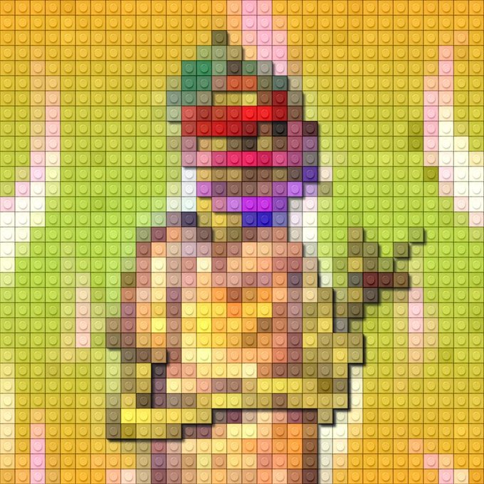 A colorful pixelated mosaic or Lego-style portrait of a figure wearing multicolored clothing against a bright green and yellow background.