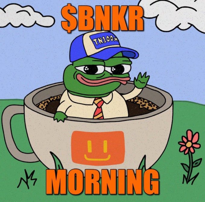 A Pepe the Frog meme depicting the character in a coffee cup wearing a 'TN100x' cap with '$BNKR' displayed at the top and 'MORNING' at the bottom.