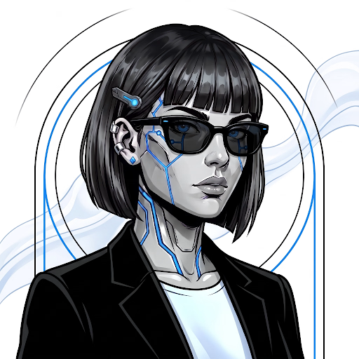 A digital illustration of a woman with black bob hair, sunglasses, and blue glowing circuit-like lines on her face and neck.