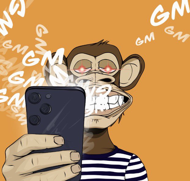 A cartoon NFT-style illustration of a monkey character in a striped shirt taking a selfie with a smartphone, featuring glowing red eyes and 'GM' text repeated across an orange background.