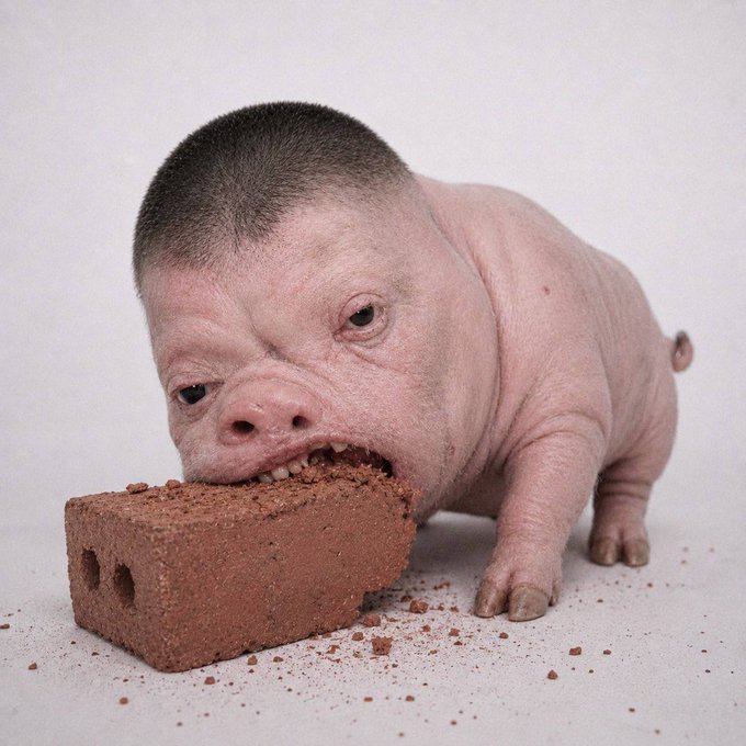 A surreal composite image of a hairless guinea pig with a human-like baby face biting into a red brick.
