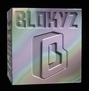 A holographic 3D render of a cube displaying the 'BLOKYZ' logo with its stylized 'B' emblem on the front face.