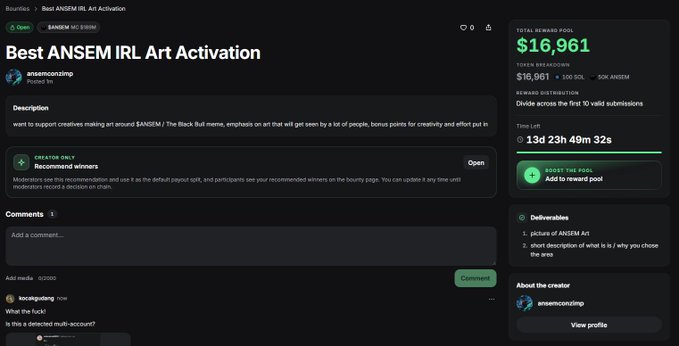 Screenshot of a Bounties page titled 'Best ANSEM IRL Art Activation' with a total reward pool of $16,961 and 13d 23h 49m 32s remaining.