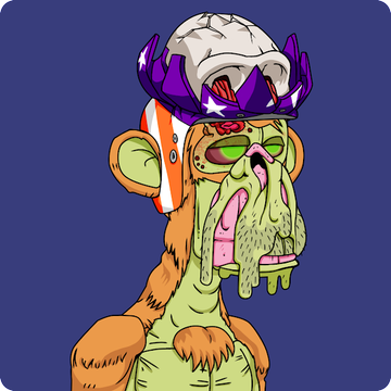 A cartoon illustration shows a sickly-looking monkey with green skin, drool, and American flag-themed accessories, wearing a skull helmet with purple horns.