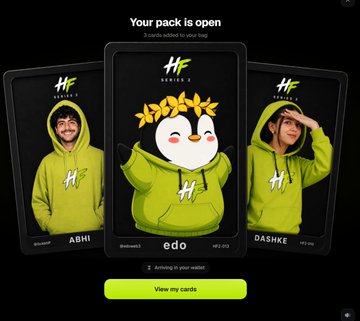 The image shows a "Your pack is open" screen from HoodFrens, displaying three NFT-style cards titled "Series 2," featuring characters Abhi in a green hoodie, edo as a penguin mascot in a green hoodie (Series 2 #013), and Dashke in a green hoodie. The caption references the pack opening experience and tags several creators, while the image visually confirms the digital collectibles obtained.
