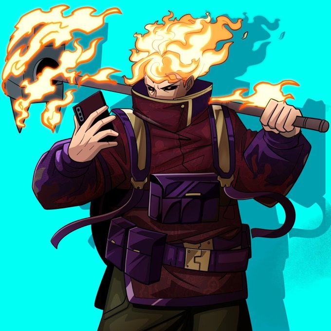 An anime-style illustration of a character with flaming hair holding a flaming axe over his shoulder while looking at a smartphone, set against a teal background.