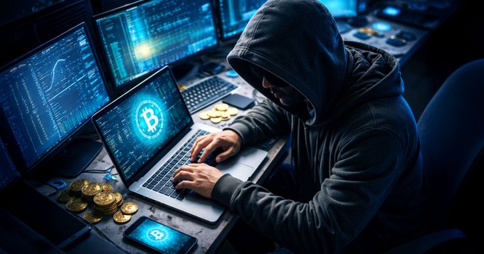 A hooded figure types on a laptop displaying a glowing Bitcoin logo, surrounded by additional monitors showing financial charts and stacks of physical gold and cryptocurrency coins.