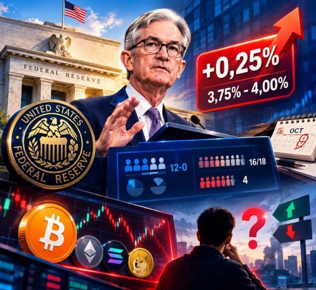 A composite image featuring Jerome Powell, the Federal Reserve building and seal, showing a rate hike of '+0,25%' to '3,75% - 4,00%', with a Bitcoin chart, cryptocurrency icons, a calendar marked October, and a person looking confused.