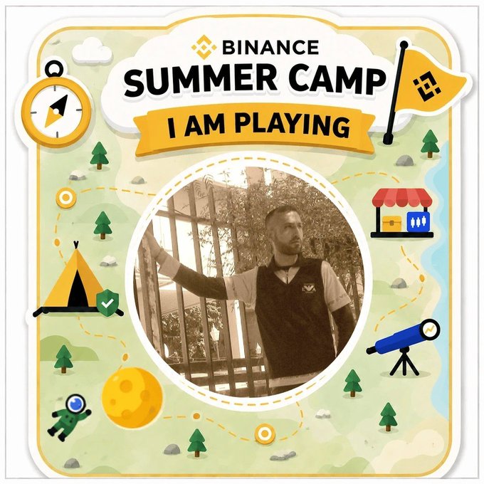 A 'Binance Summer Camp' graphic featuring a circular photo of a bearded man, surrounded by illustrated camping elements like tents, trees, and a telescope.