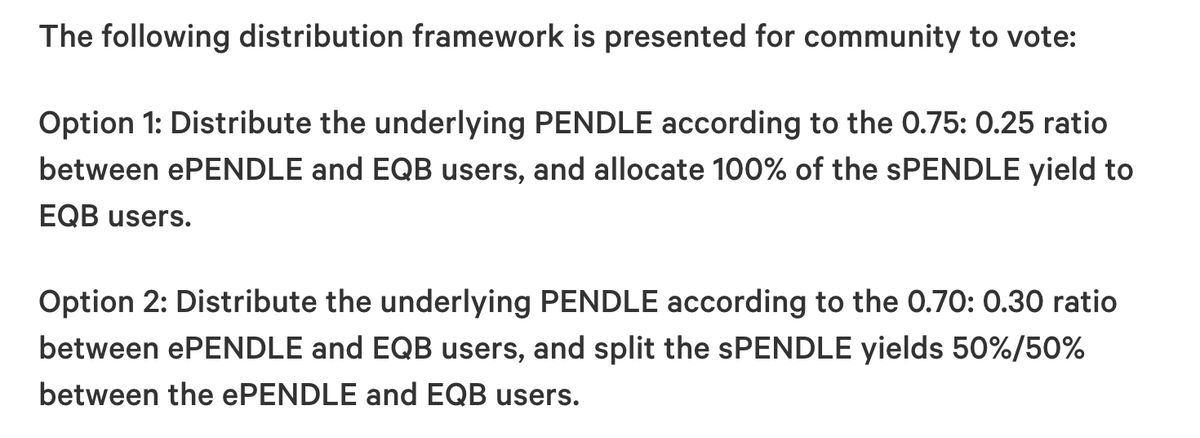 A text image presenting a community vote with two distribution framework options for PENDLE between ePENDLE and EQB users, including ratios of 0.75:0.25 and 0.70:0.30.